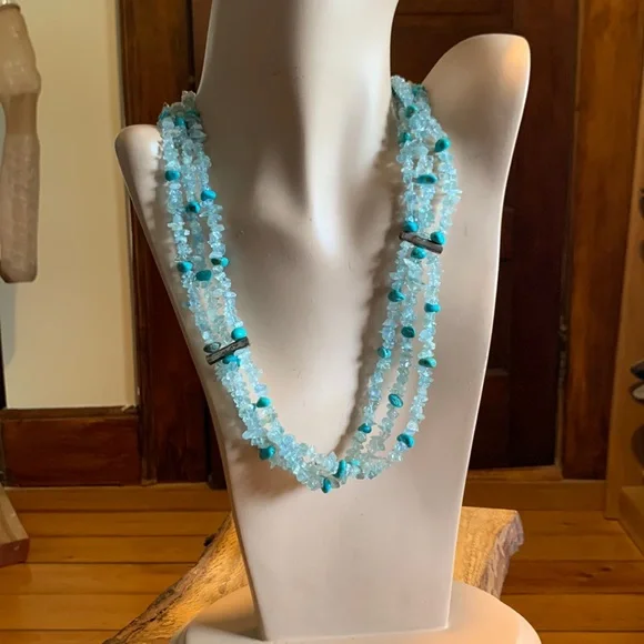TURQUOISE,Sterling and aquamarine 3 strand necklace,MERMAID - Picture 2 of 12